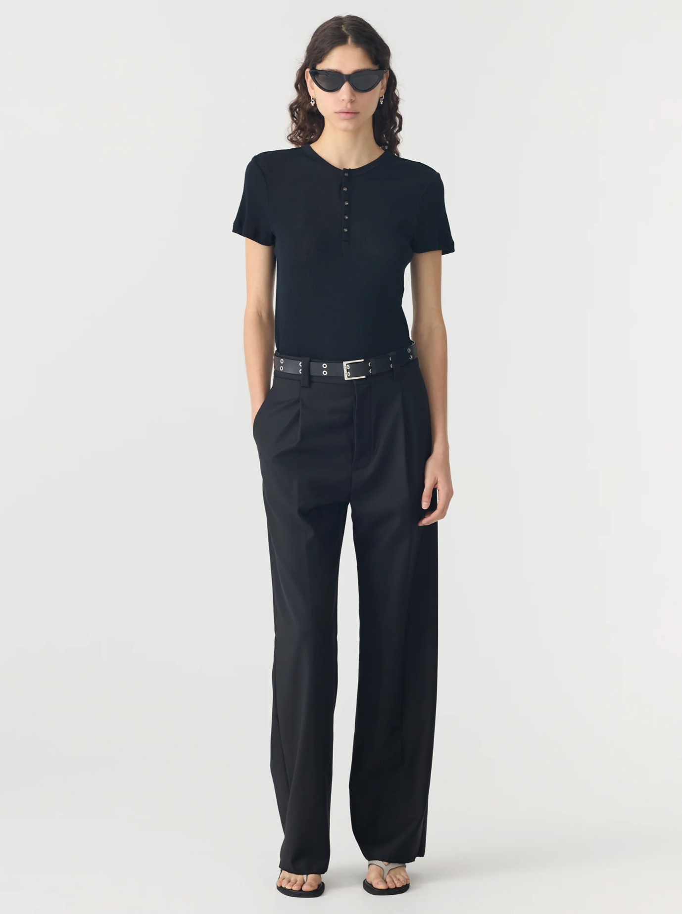 Bassike Sheer Rib Placket T-Shirt - Black