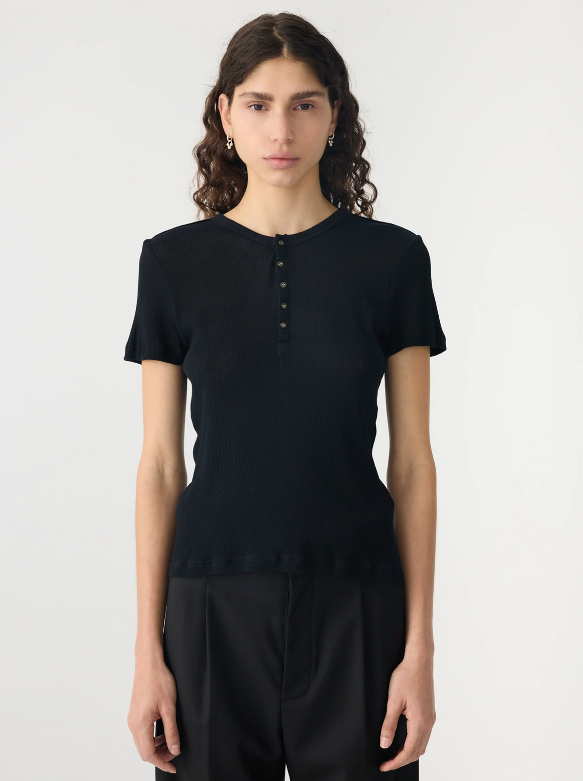 Bassike Sheer Rib Placket T-Shirt - Black