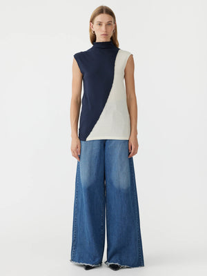 Bassike Contrast Raised Neck Tank - Blue Ink/Off White