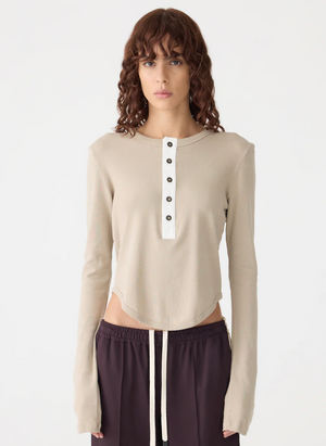 Bassike Scoop Hem Placket T.Shirt -  Birch/White