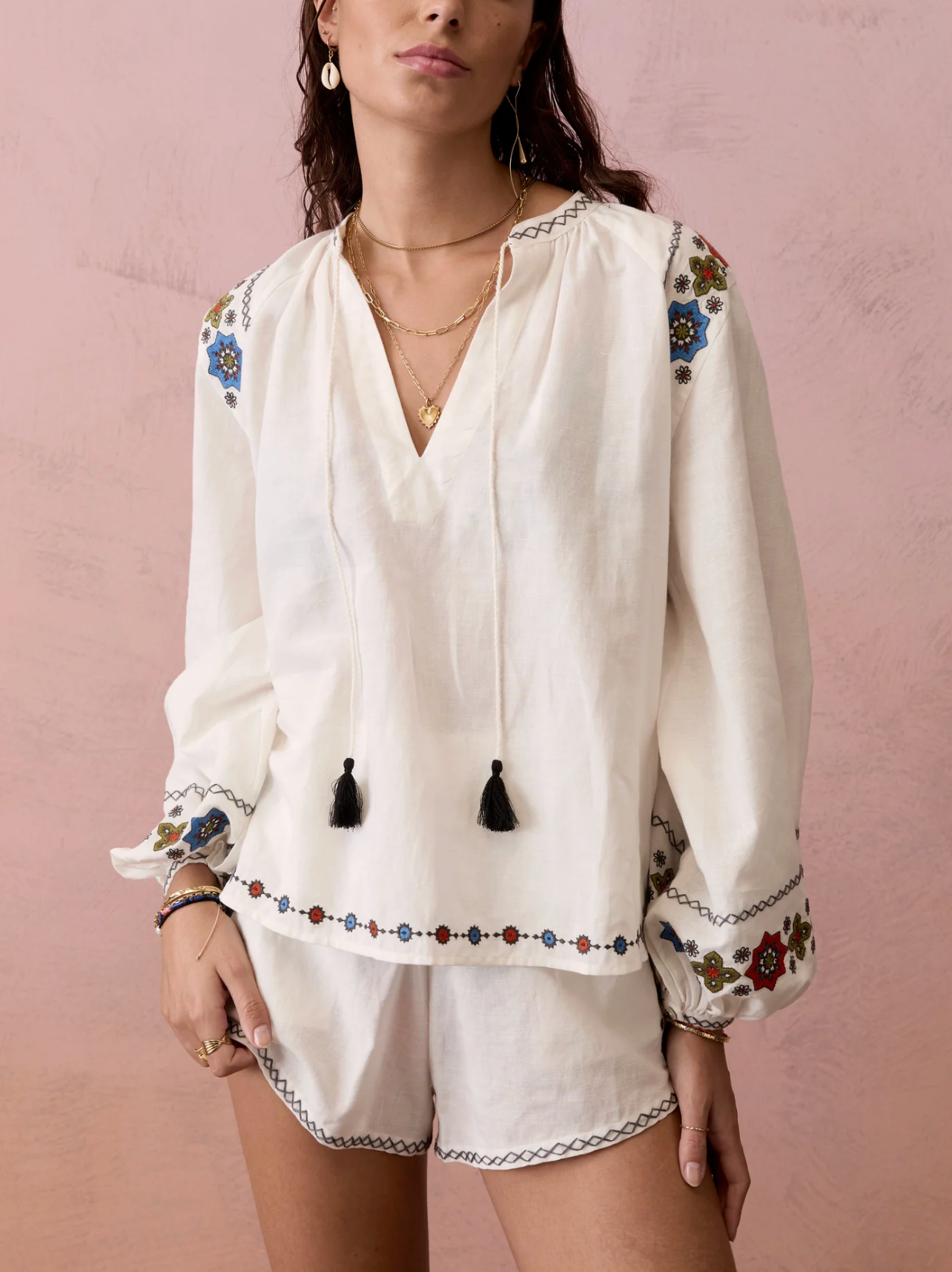 Boteh Castela Embroidered Smock Blouse - Natural White