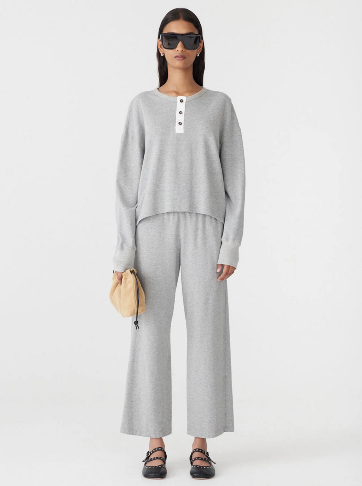 Bassike French Terry Long Sleeve Polo12 - Grey Marle