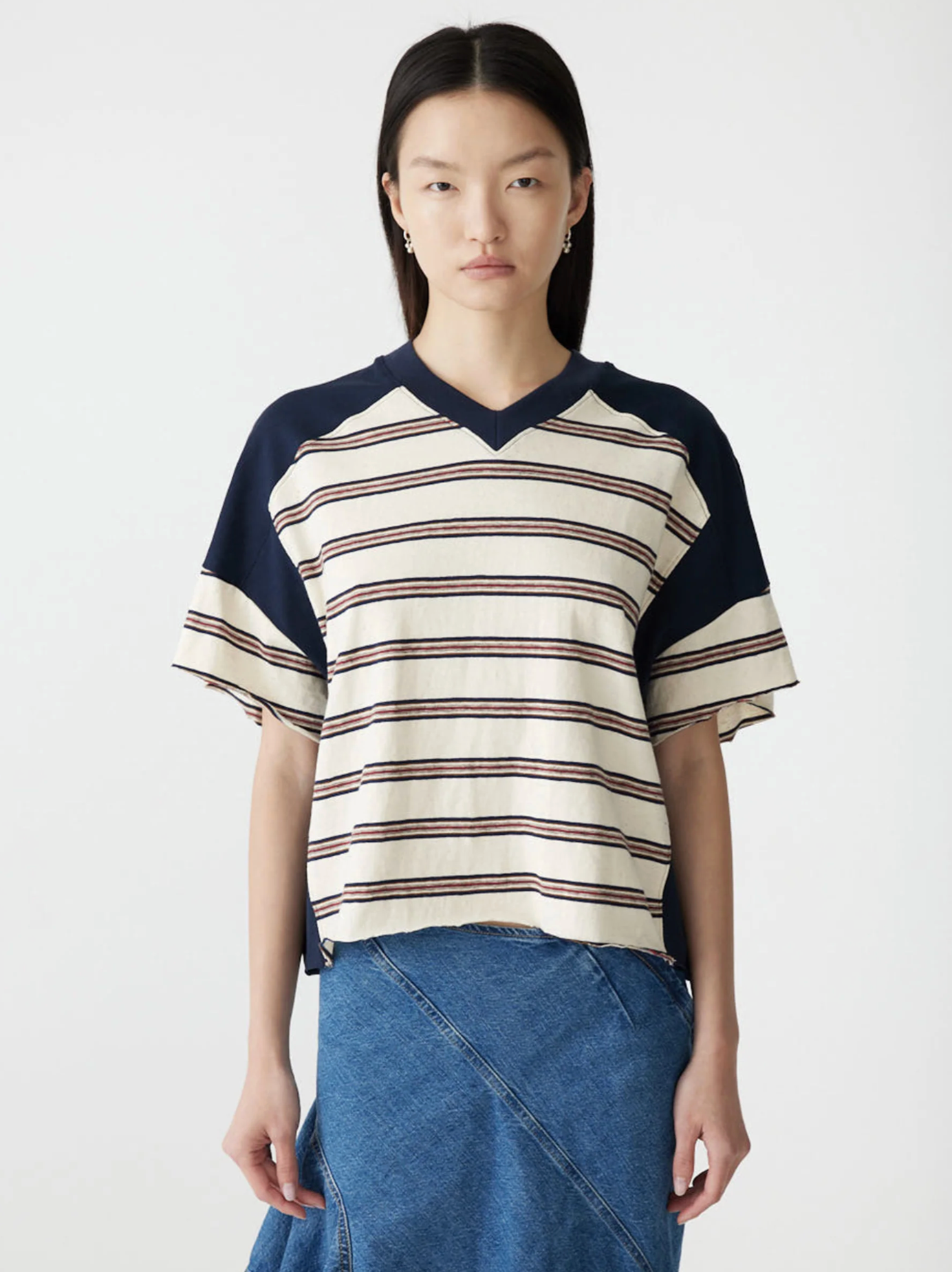 Bassike Stripe Contrast Raw V-Neck Tank - Navy/Red/Natural