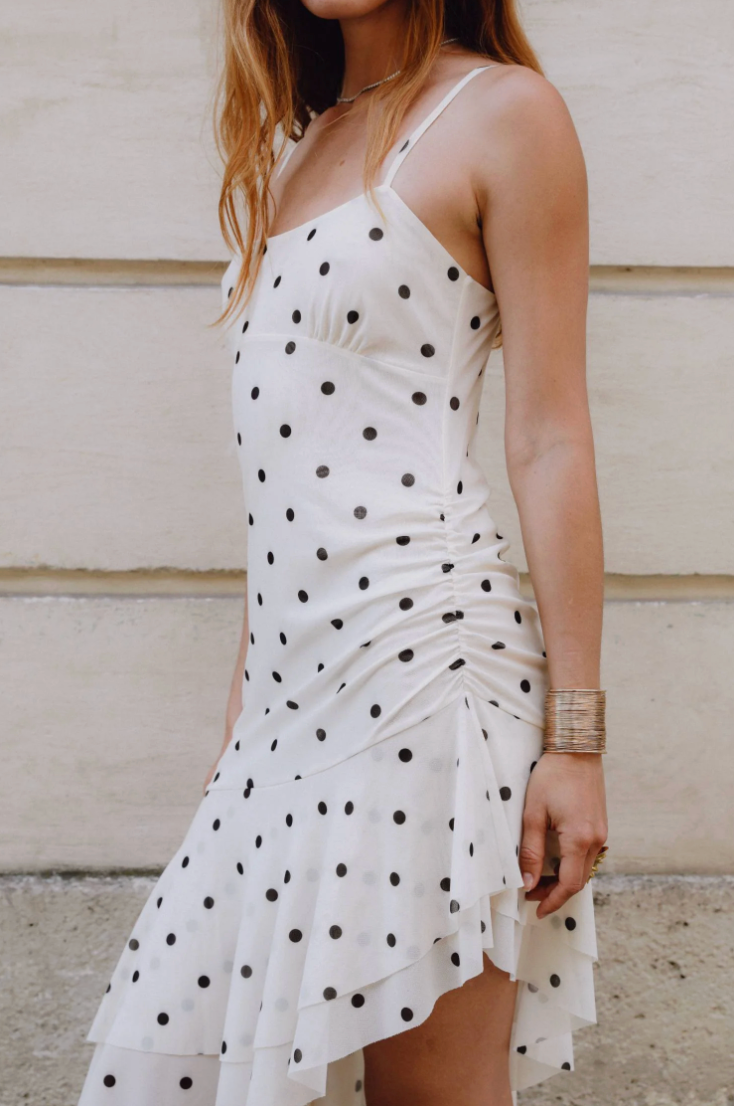 With Harper Lu Asymmetric Frill Midi Dress - Ivory Polka