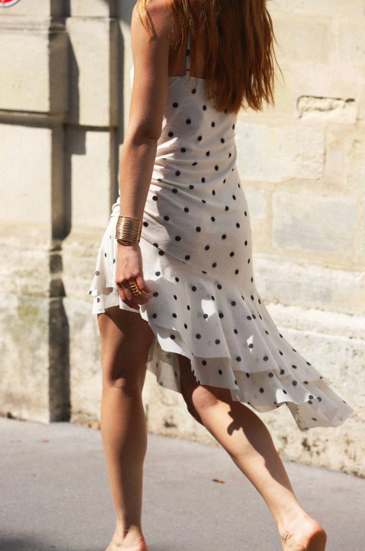 With Harper Lu Asymmetric Frill Midi Dress - Ivory Polka