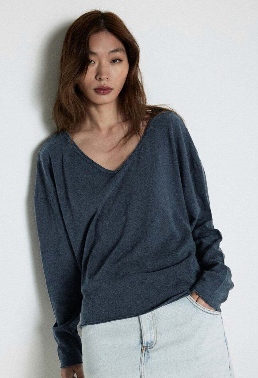 American Vintage Womens L/S V Neck T-Shirt Sonoma - Vintage Navy Blue