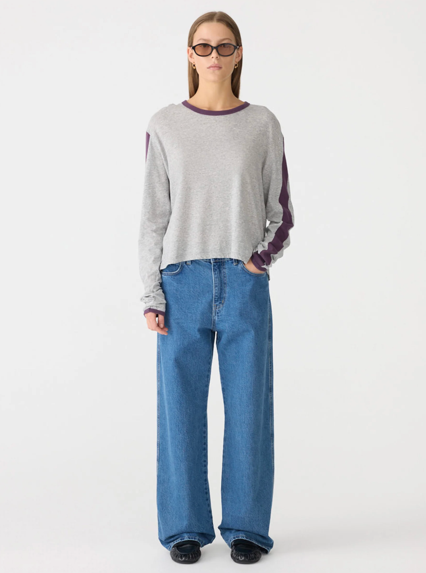 Bassike Racer Sleeve L/S T-Shirt - Grey Marle/ Aubergine