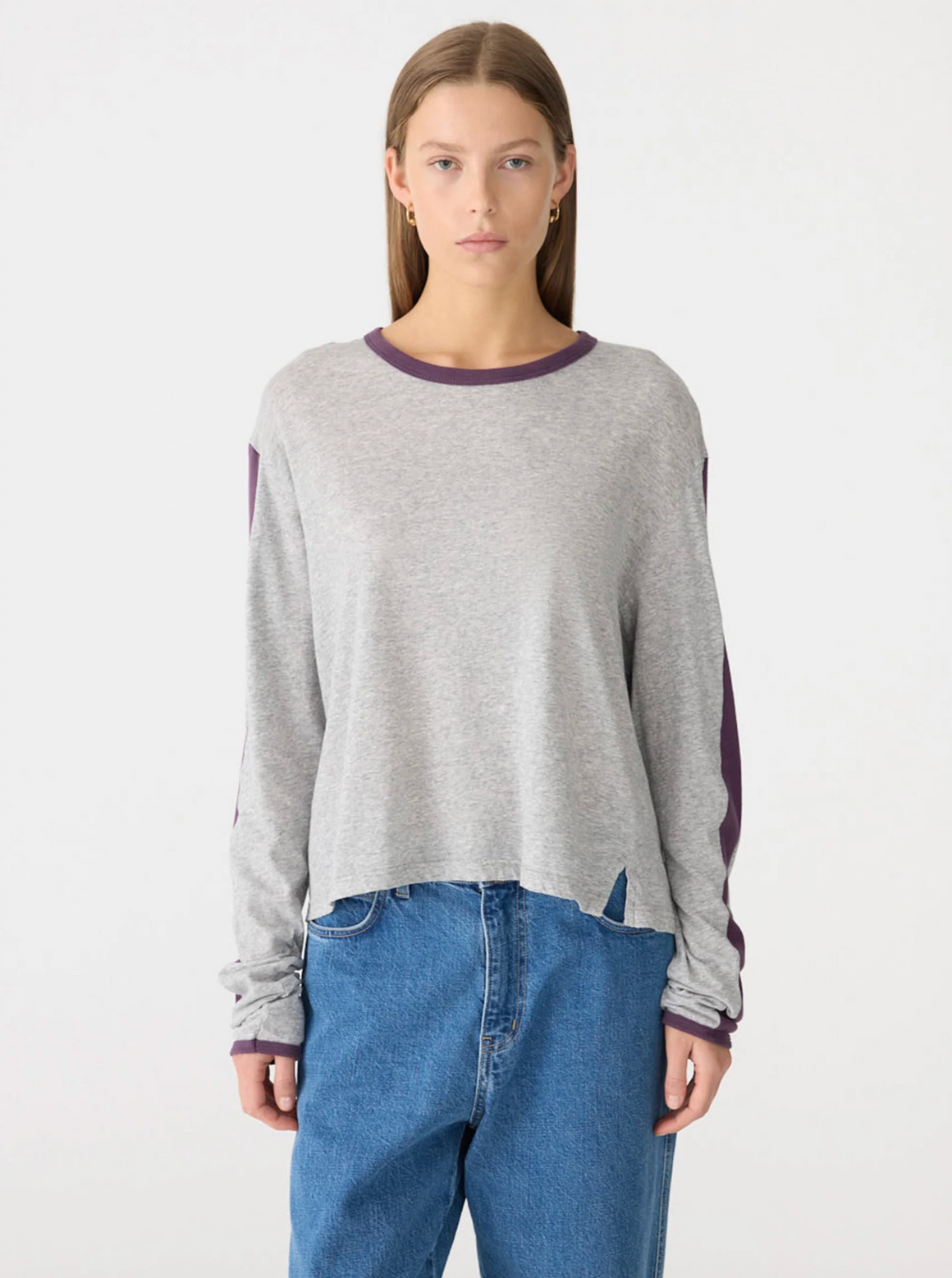 Bassike Racer Sleeve L/S T-Shirt - Grey Marle/ Aubergine