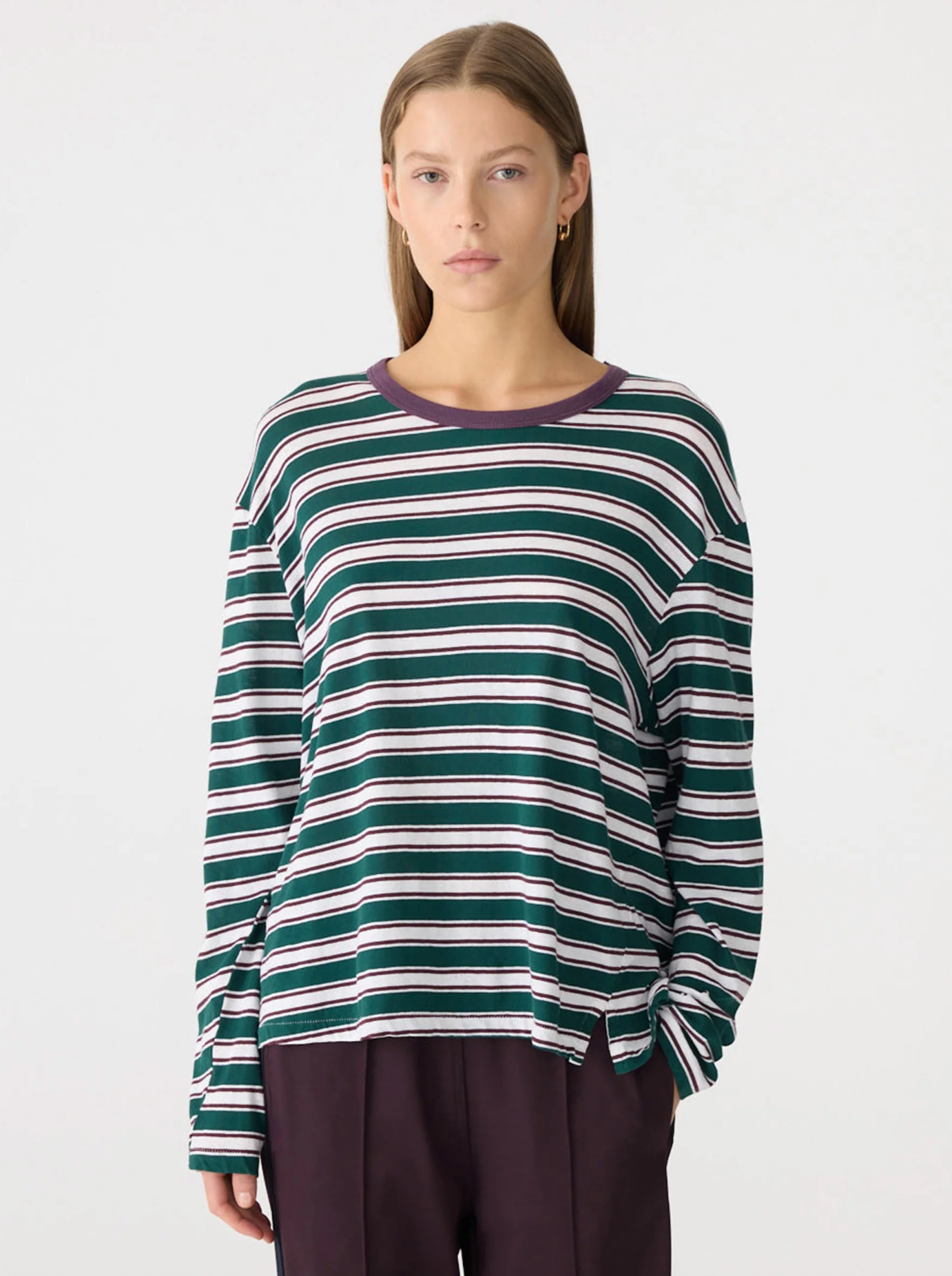 Bassiek Stripe Boyfriend L/S T-Shirt - Dark Forest/Burgundy/White
