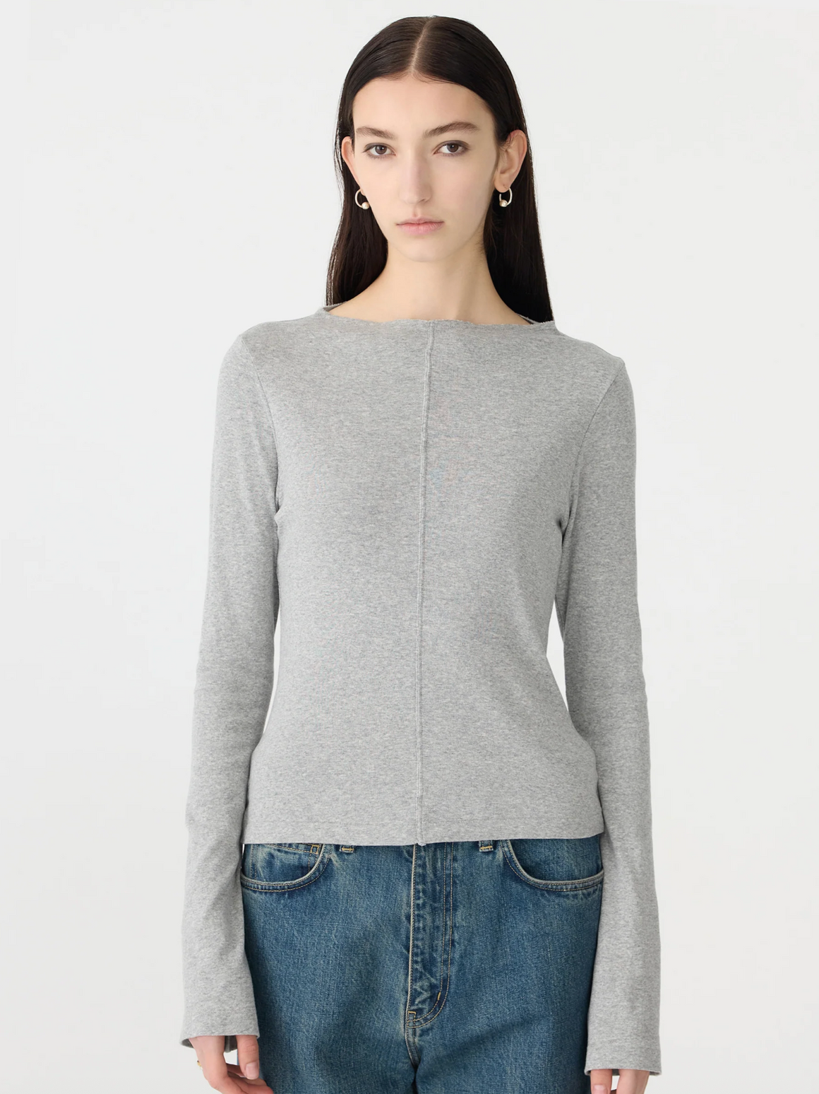 Bassike Front Seam Rib L/S T-Shirt - Grey Marl