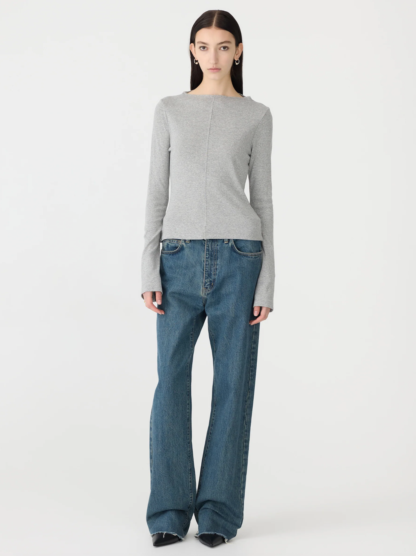 Bassike Front Seam Rib L/S T-Shirt - Grey Marl