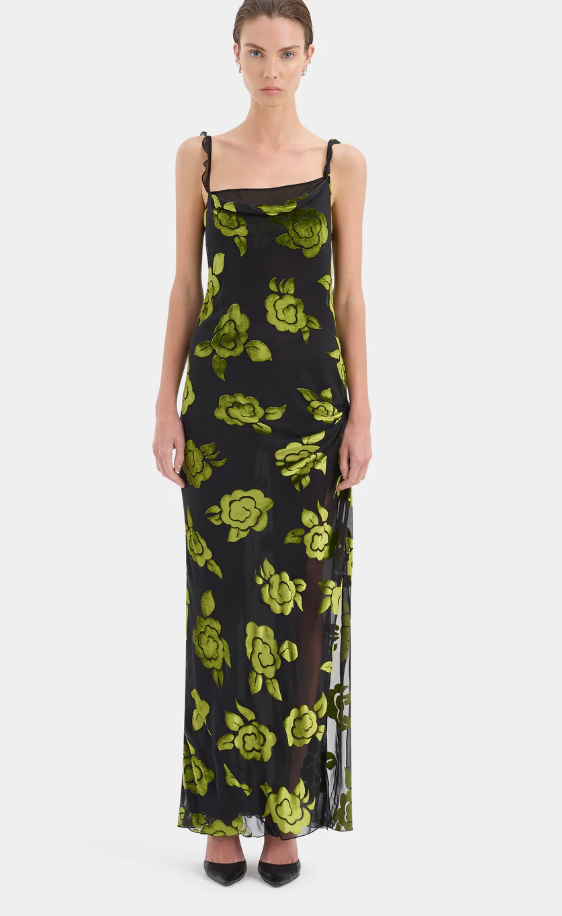 SIR. Roxane Gown - Green Cloud Silk Burnout Floral Maxi