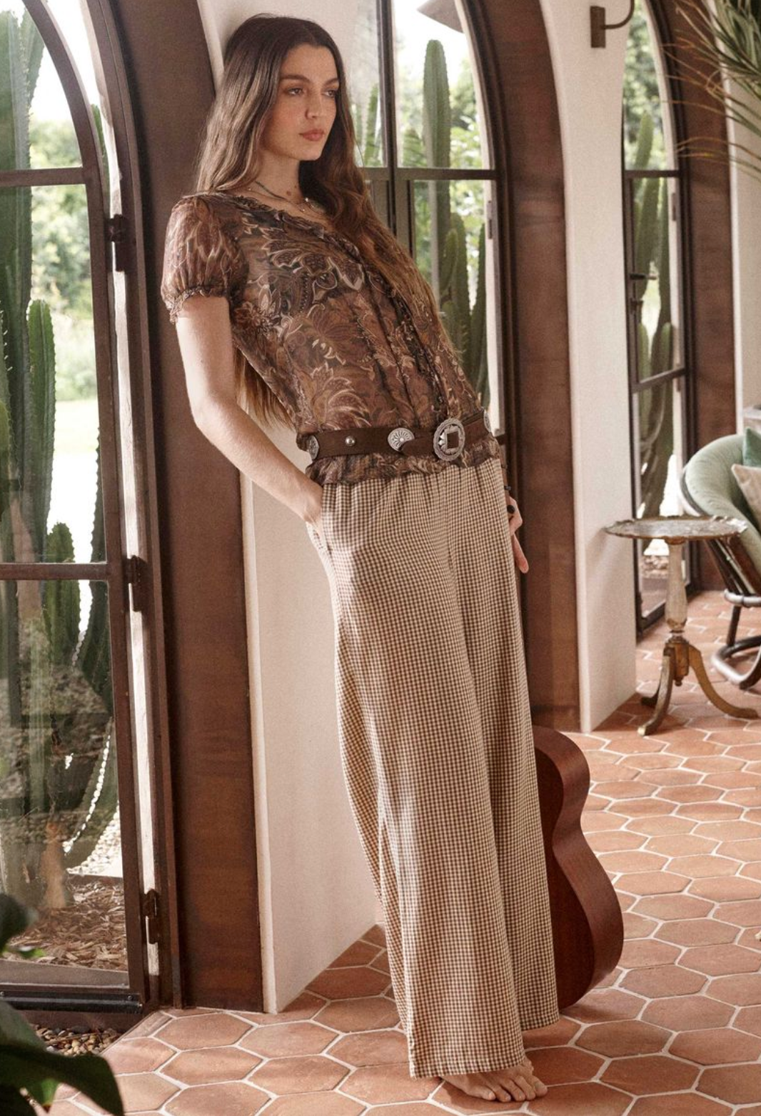 Spell Damask Short Sleeve Blouse - Walnut Brown
