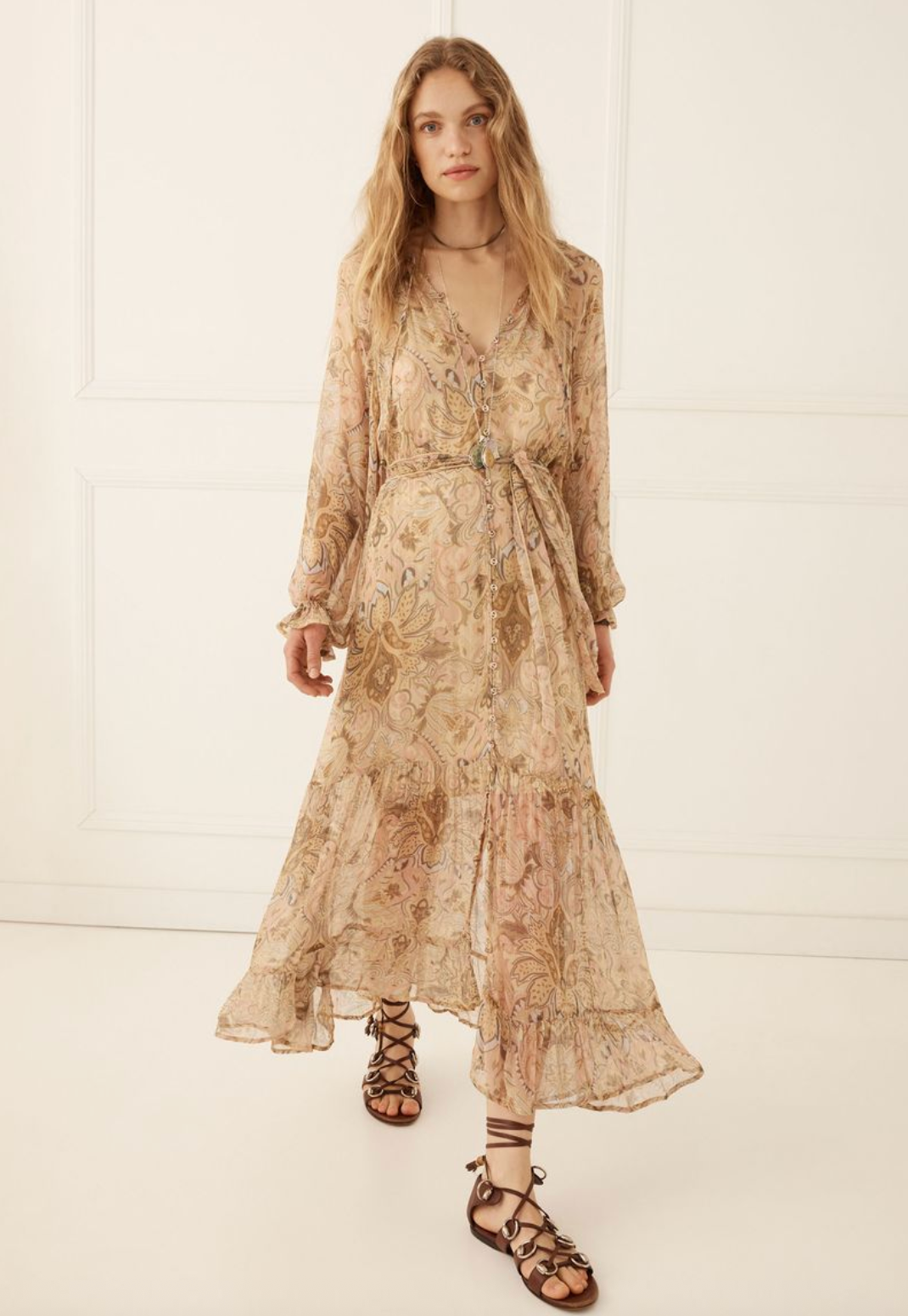 Spell Damask Button Through Gown - Chai Yellow