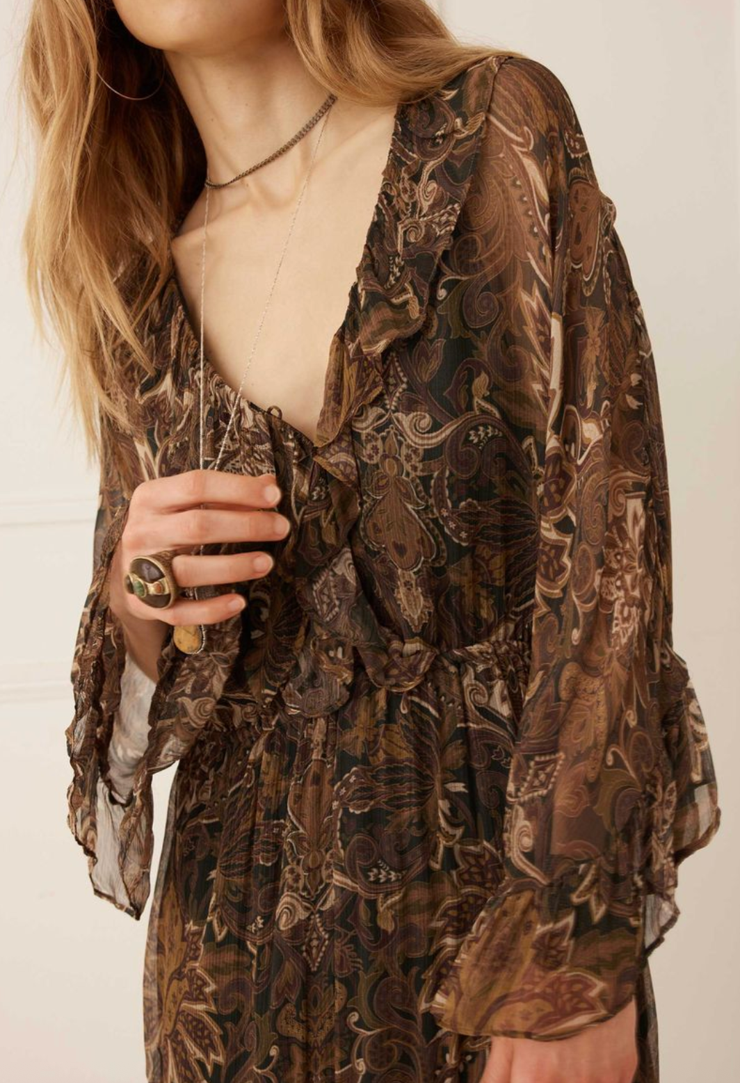 Spell Damask Tunic Mini Dress - Walnut Brown