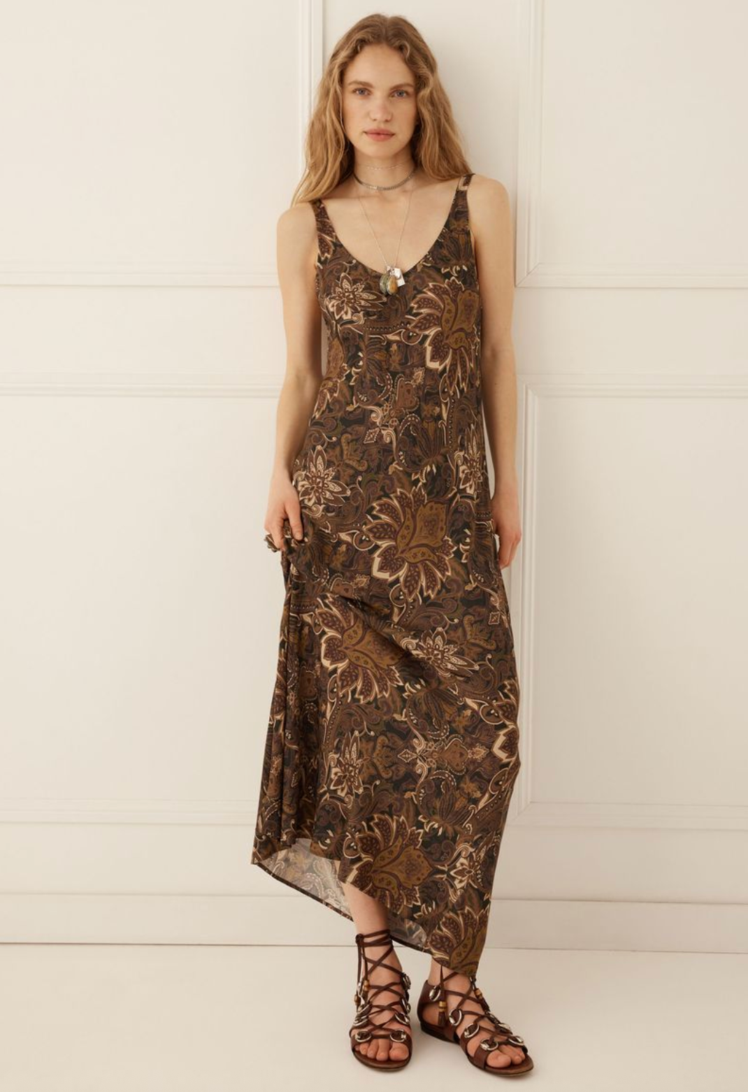 Spell Damask Bias Dress - Walnut Brown