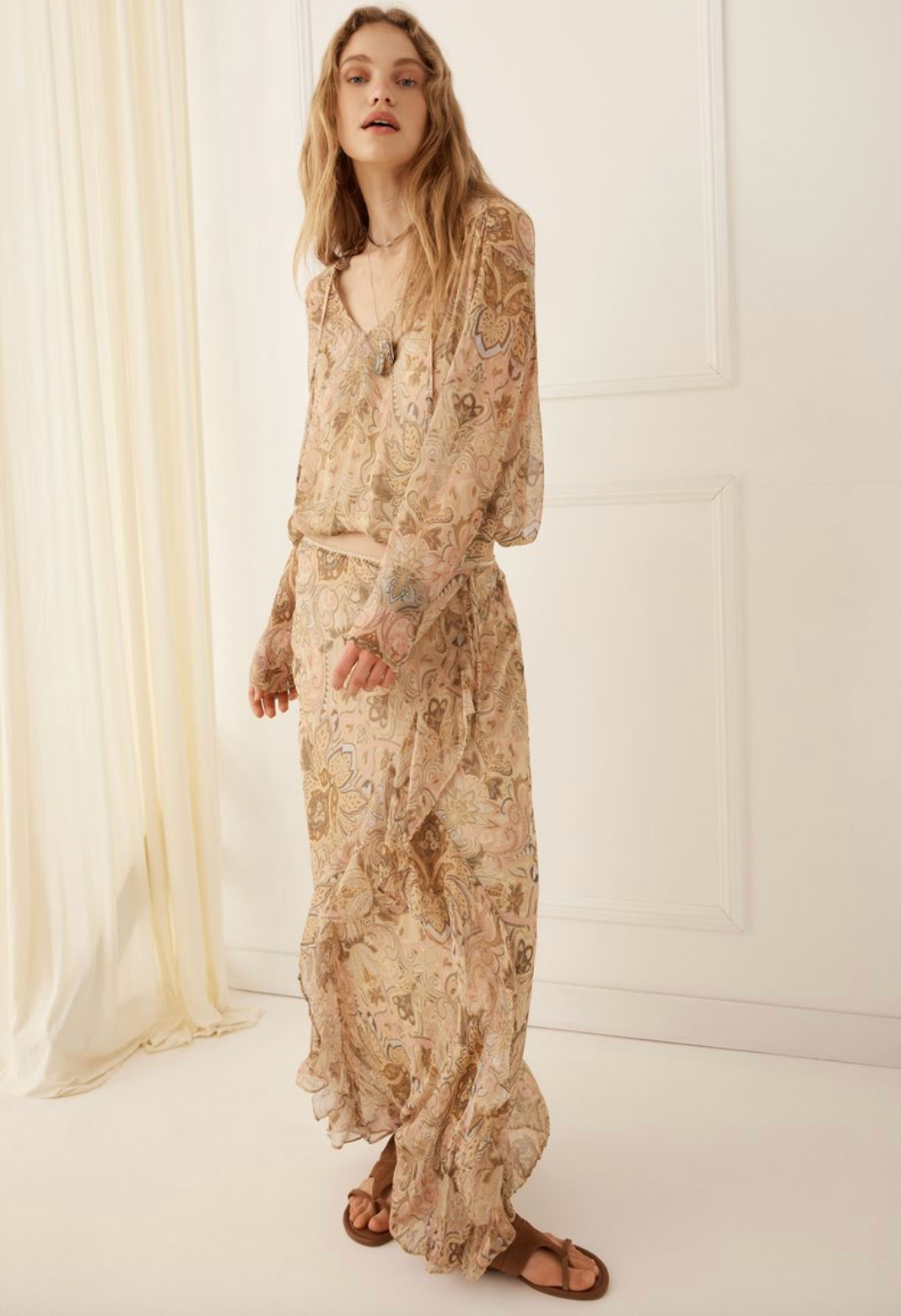 Spell  Damask Long Sleeve Blouse - Chai