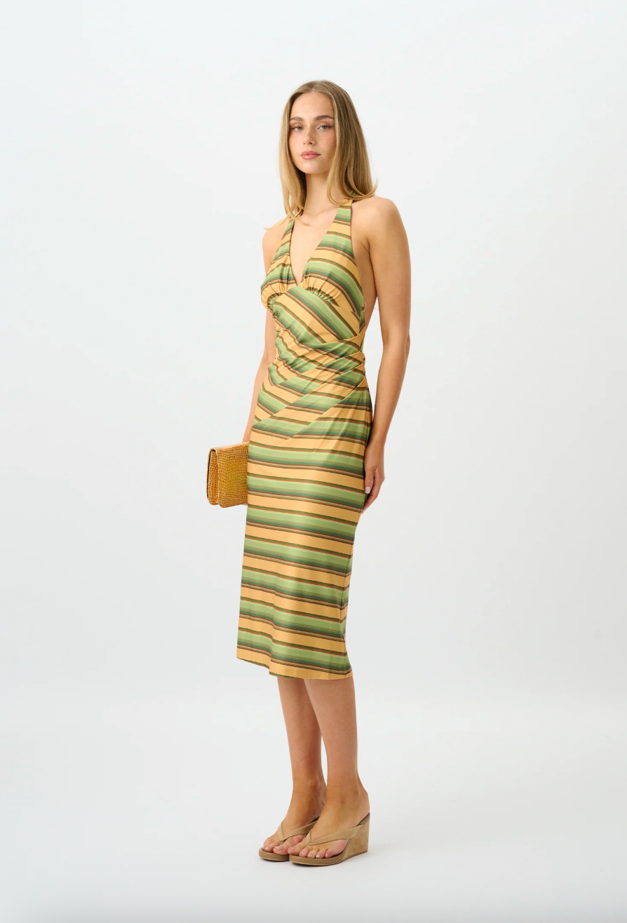 With Harper Lu Pleated Backless Halter Dress - Gold Stripe