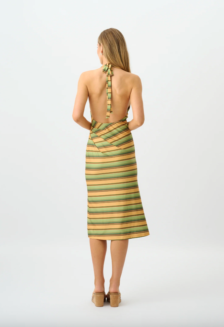With Harper Lu Pleated Backless Halter Dress - Gold Stripe
