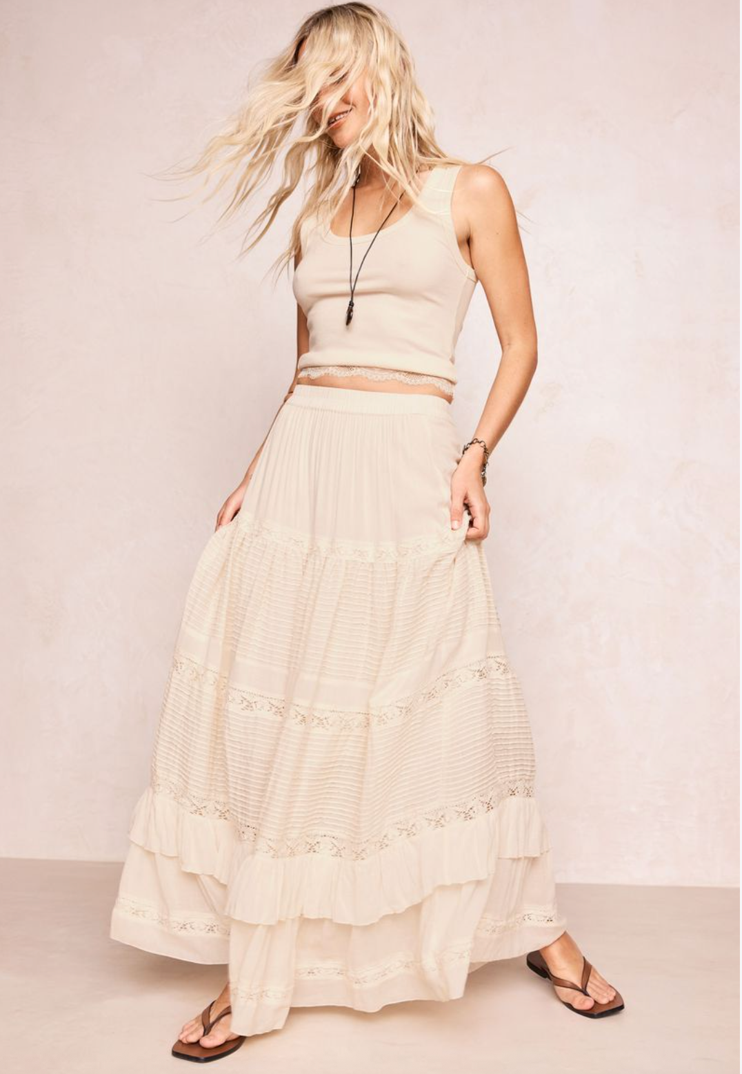 Spell Ines Tiered Maxi Skirt - Light Sand Cream