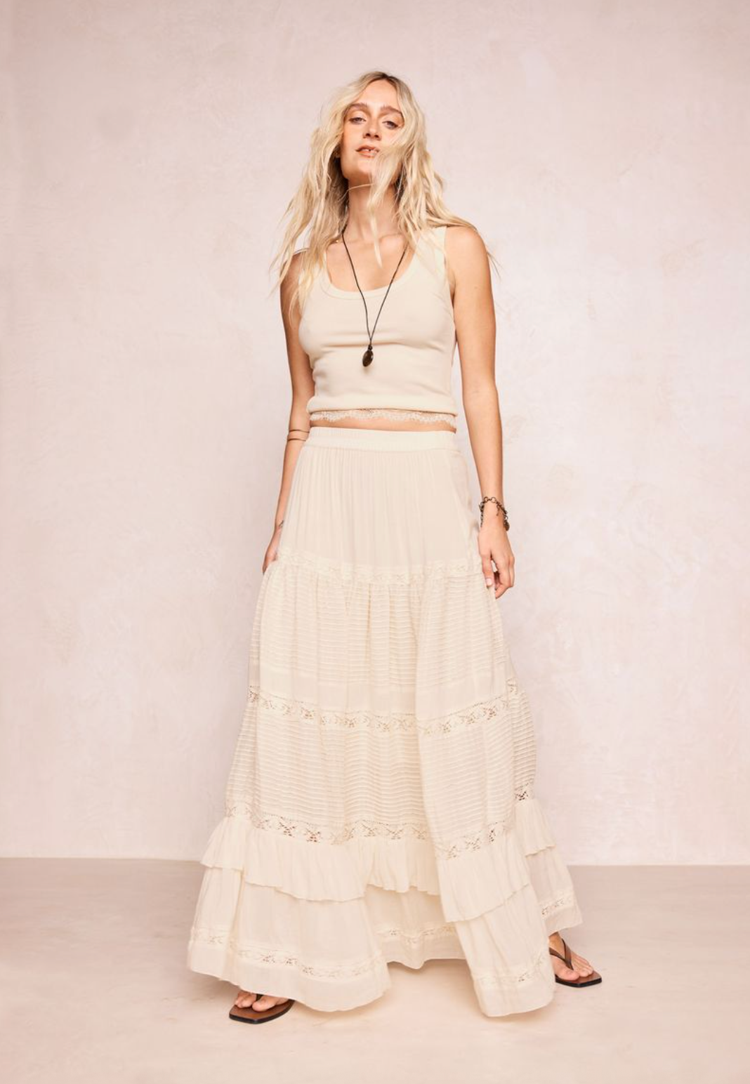 Spell Ines Tiered Maxi Skirt - Light Sand Cream