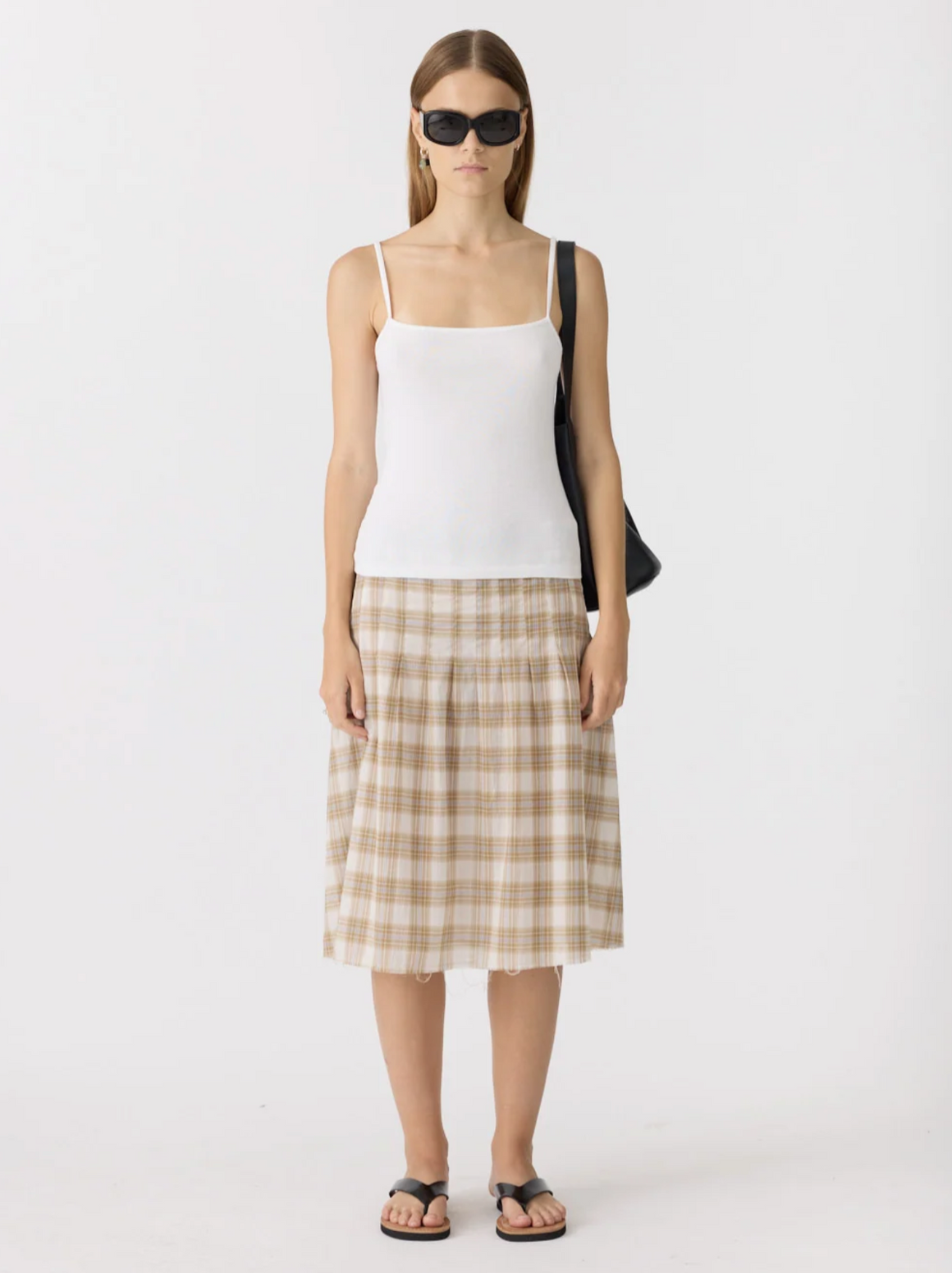 Bassike Check Pleat Pinstitch Skirt - Taupe Check