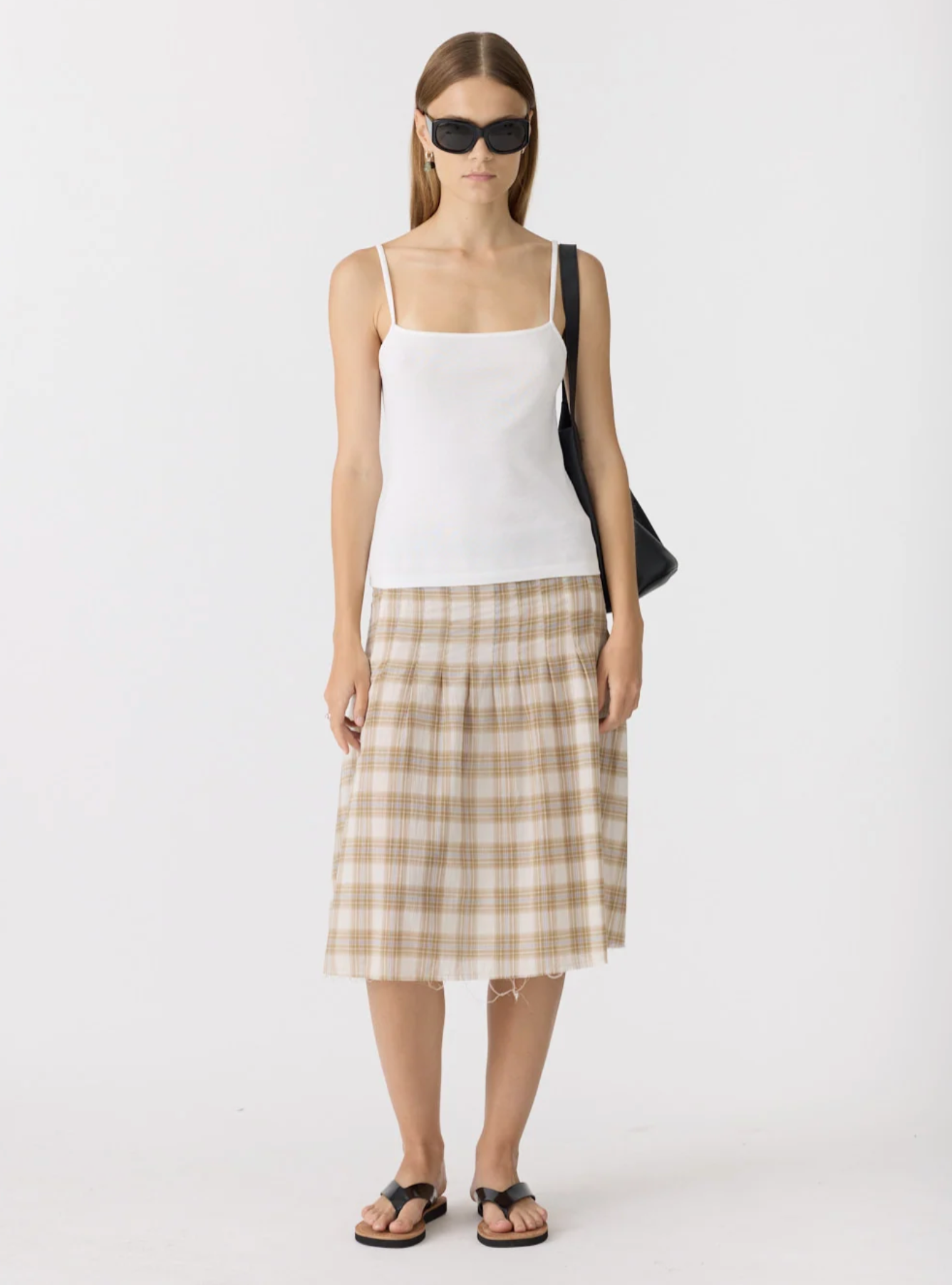 Bassike Check Pleat Pinstitch Skirt - Taupe Check